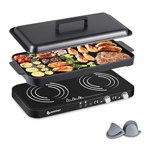 AMZCHEF Double Induction Cooktop with Removable Griddle Pan Non-stick, 1800W 2 burner Portable Induction Stove With Sensor Touch 9 Power Levels, 99 Min Timer, Black