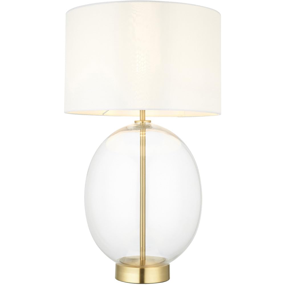 Satin Brass Plate Table Lamp - Rounded Clear Glass with Vintage White Fabric Shade - Touch Dimmable