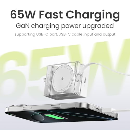 Image of SHARGE Retractable 65W USB C Charger, GaN Power Wall Charger with Retractable Cable, 2 Devices PD Fast Charging for MacBook Pro /Air, iPhone 17 /16,Pixel Book, iPad Pro (White)