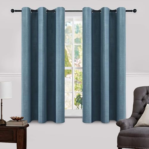 Image of MIULEE Linen Blackout Curtains and Drapes 100% Room Darken Thermal Insulated Grommet Window Panels with Coating 2 PCs W 42 x L 63 inches Dusty Blue