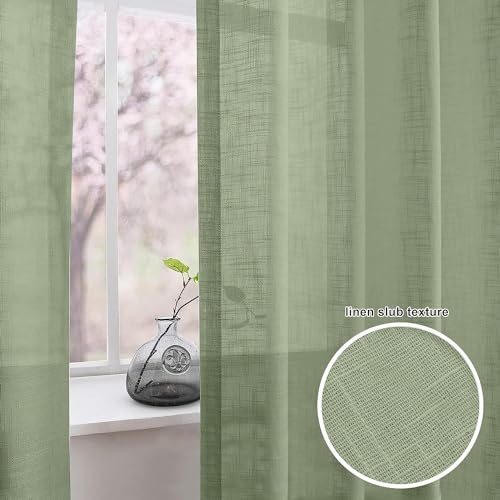 Image of THE LINEN COMPANY 7 Feet Window Sheer Cotton Grommet Curtain Panels Taxture Linen Decorative for Bedroom Living Room Avocado Green Curtains, 1 Piece (L- 213 CM, W- 137 CM)