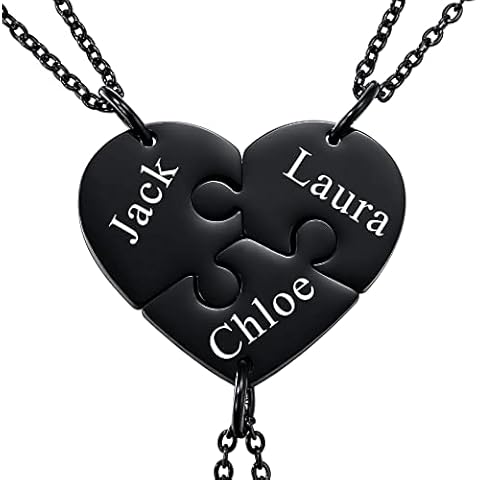 INBLUE Personalized Necklace for Men/Women, Couple/Friendship Necklace for 2/3/4/5 Pieces, Black/Silver Heart Puzzle Piece Necklace Sets, Name/Text Engraving Stainless Steel Necklace (3pc) Cover