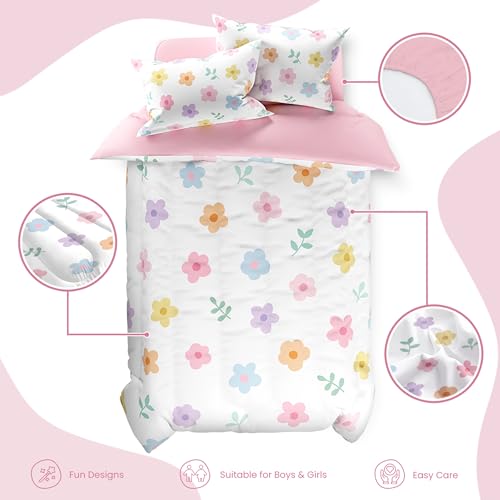 Image of SANDJEST Floral Comforter Set Full Size 98x86in for Kids Girls, Microfiber 4 Pieces Bedding Set Includes 1 Comforter, 2 Pillowcases, 1 Fitted Sheet, Nursery Room Decor
