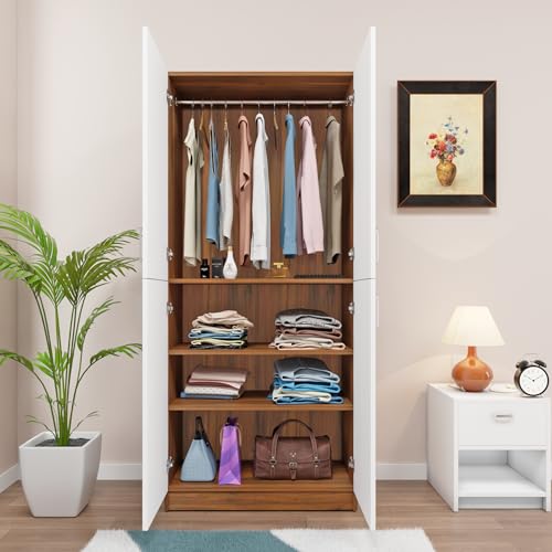 Image of VIKI Wardrobe | Wooden Almirah for 4 Small Door Wardrobe with Shelves & Hanging Space (Walnut |White - 40D x 80W x 180.8H) | 1 Year Warranty | Free Assembly