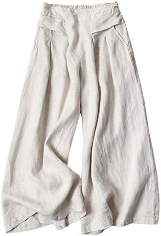 Bianstore Women's Culottes Linen Cropped Wide Leg Pants Elastic W...