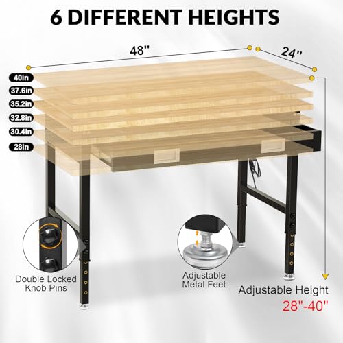 Image of 48 inch Workbench with Drawers, Adjustable Height Work Bench 2000 LBS Heavy-Duty Work Table Rubber Wood Work Station with Power Outlet & Pegboard for Garage, Office, Workshop, Home, Party Shop
