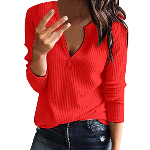 Blusa feminina de malha waffle de cor sólida casual solta manga longa gola V camisetas Henley outono
