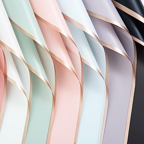 Image of Oasis - 20 Sheets Korean Style Waterproof Premium Bouquet Wrapping Sheet (58cm x 58cm) | Green With Golden Border Line Flower Wrapping Paper | Elegant packaging for bouquet, Gift Wrapping & More