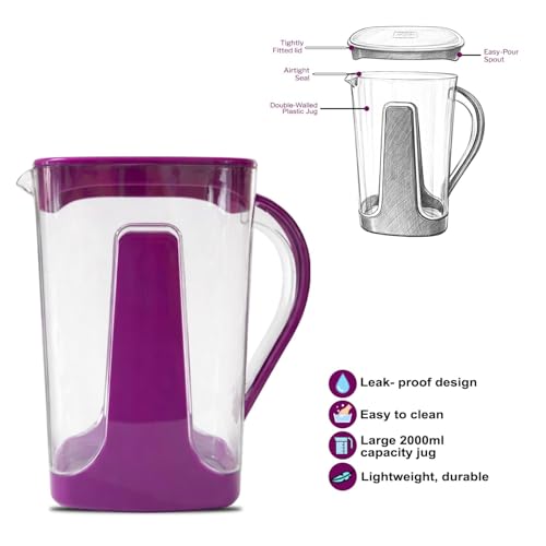 Image of Plastic Jug with Lid 1 Pc - Pure Water Jug 2000 ml - Large Capacity Transparent Unbreakable Plastic Pitcher with Handle & Secure Lid, BPA-Free Container for Water, Juice, Lemonade & Home Use