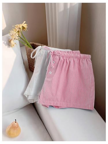 Image of MakeMeChic Women's 2 Pack Linen Shorts Striped Gingham Summer Beach Pajama Boxer Shorts