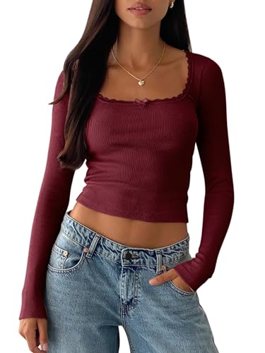 BZB Womens Long Sleeve Crop Tops Fall Y2K Lace Square Neck Slim Fitted Basic Ribbed Tee Blouse Shirts