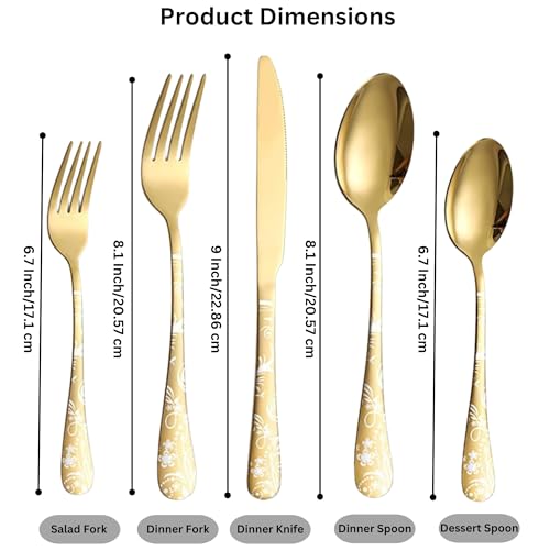 Image of aDai Aurum Gold Silverware Set | Satin Finish 10-Piece Flatware Set with Unique Floral Printed Handle | Dishwasher Safe Stainless Steel Cutlery for Home, Restaurant & Gifting