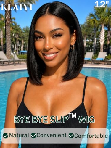 Image of KLAIYI Yaki Straight Bob Wig Human Hair Glueless Precut 7x5 Lace Wig 14Inch | Bye Bye Slip Drawstring 180% Density Pre Plucked Bleached Knots Pre Eeverything Lace Front Wigs 30S Ready to Wear and Go Wig