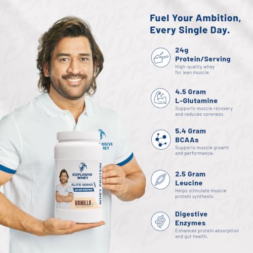 Image of Explosive Whey Elite Series Whey Protein - Trusted by M.S. Dhoni | 24g Protein per Scoop | Premium Concentrate Sport Supplement for Enhanced Muscle Growth and Recovery | Vanilla - 1kg (30 Servings)