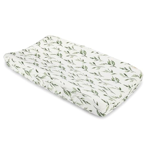 Image of Crane Baby Green Leaf, Quilted Changing Pad Cover, 100% Cotton Sateen, 16in X 32in, Fitted with Elastic, Soft, Machine Washable, Neutral Nursery Essential