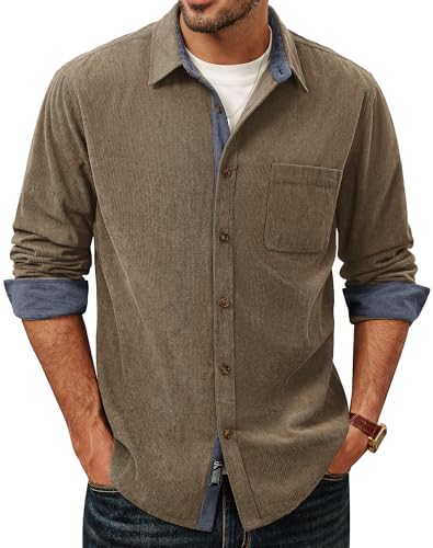 PJ PAUL JONES Men's Corduroy Button Down Shirt, Long Sleeve Casual Collared Shirts for Men Fall Outdoor Work Wear Khaki
