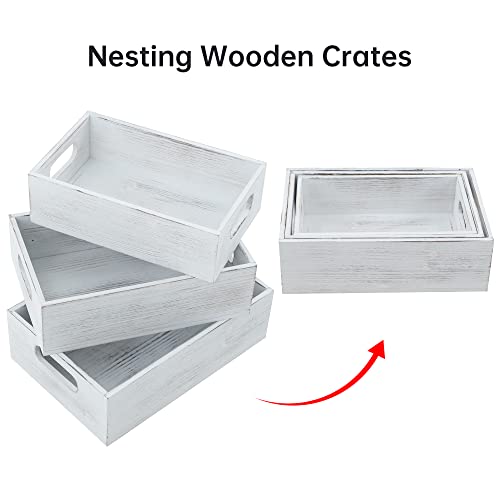 Phoenancee Wooden Crates Stackable Storage Boxes,Rustic Wood Decorative Nesting Crate Set Of 3,Farmhouse Box Container Basket With Handles For Home Display Decoration With Natural Wood Aroma,White #TOP1