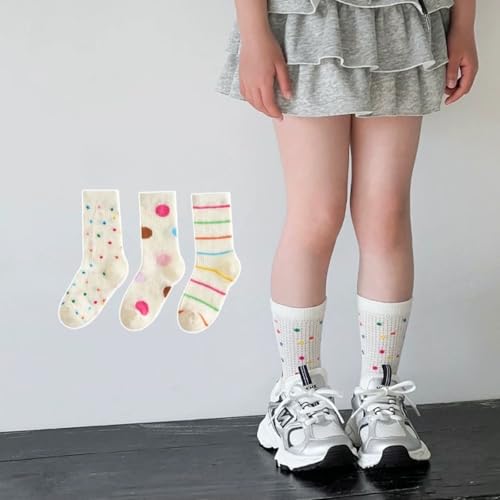 3 Pairs Girls’ Thin Crew Socks for Summer Spring, Cute Cotton Mesh Colorful Mid-calf Socks with Ruffle Trim Polka Dot3