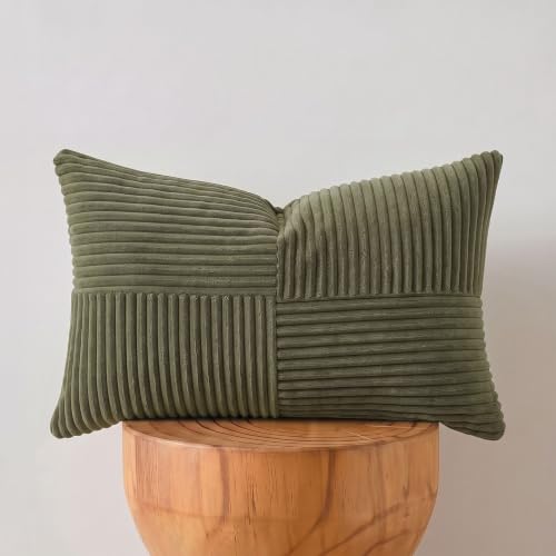 Fancy Homi Olive Green Lumbar Decorative Throw Pillow Covers 12x20 Inch for Living Room Couch Bed, Farmhouse Boho Home Decor, Soft Striped Corduroy Rectangle Accent Cushion Case 30x50 cm
