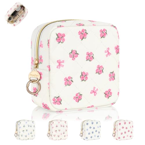 Playexen 4.9" Quilted Small Makeup Bag, Floral Cosmetic Bag for Purse, Mini Travel Toiletry Organize Pouches for Women, Birthday/Wedding/Christmas Gifts (Pink-Rose Floral)