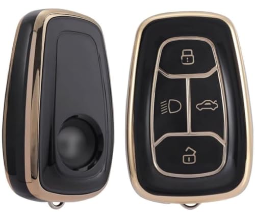 Image of TPU Car Key Cover Black & Golden Compatible for TATA Nexon, Punch, Altroz, Tigor, Harrier, Safari, Gravitas (TATA, 4 Button Push Smart Key)