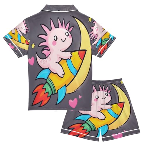 Satin Pajama Sets Short Sleeve Cute Axolotl on Crescent Button Down Silky Nightwear 2 Piece PJS 5-14Y2