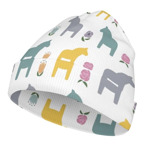 Cartoon Horse and Flower Pattern Kids Beanie Hat for for Girls Boys Children Cap Winter Knitted Chemo Cancer Headwear Accessories Gifts Decoration Black