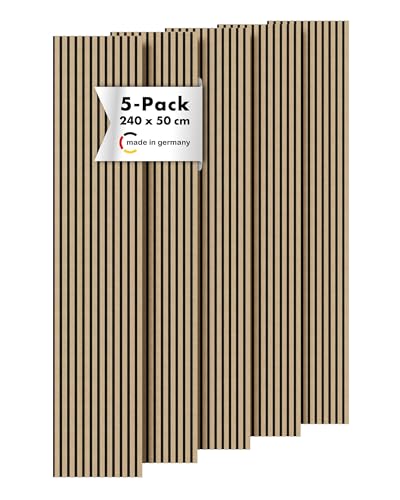 Momento 5 Stück Akustikpaneele Holz 240x50 cm - Made in Germany - Eiche Natur - Wandverkleidung Innen Wandpaneele Holzoptik - 3D Lamellenwand Paneele - Akustik Holzpaneele Wand Holzverkleidung Panel
