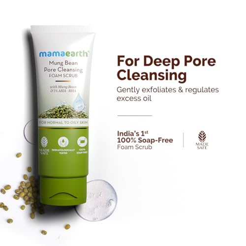 Image of Mamaearth Mung Bean Pore Cleansing Face Scrub with Mung Bean, AHA BHA - 100g | Face Scrub for Oily Skin | India's 1st Foam Scrub for Deep Pore Cleansing | Gentle Exfoliation | Oil Control | Tan Removal