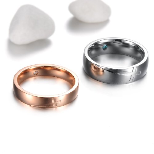 TEMICO His & Hers Cross Design Stainless Steel Matching Couple Rings Set Wedding Bands, Silver/Rose Gold3