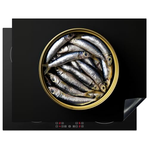 KitchenYeah© Protector Vitroceramica 77x59 cm Tapa para induccion Placa Encimera Cubre de Protectora Cocina Sardinas - Pescado - Redondo - Negro