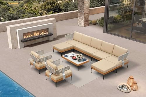 Image of PURPLE LEAF Patio Furniture Set Outdoor Conversation Sets with Fade-Resistant Cushions and Coffee Table 10 Pieces Aluminum Modern Wicker Sofa Chairs for Balcony Yard Garden, Khaki