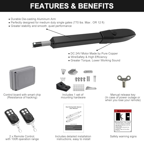 JUJIANG Automatic Gate Opener with Remote Complete Kit for Single Swing Gate Up to 770lb 16FT, Electric Gate Openers Medium Duty Single Swing Gate Opener Automatic Gate Motor 60W AC Powered PKM-C026