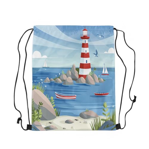 Erosebridal Tower Drawstring Backpack 13x15.7, Stones Boats Seaside Drawstring Bags For Sport Gym, Seagull Birds Foldable Draw String Back Bag, Red Blue Leaves Printed Clouds String Backpack3