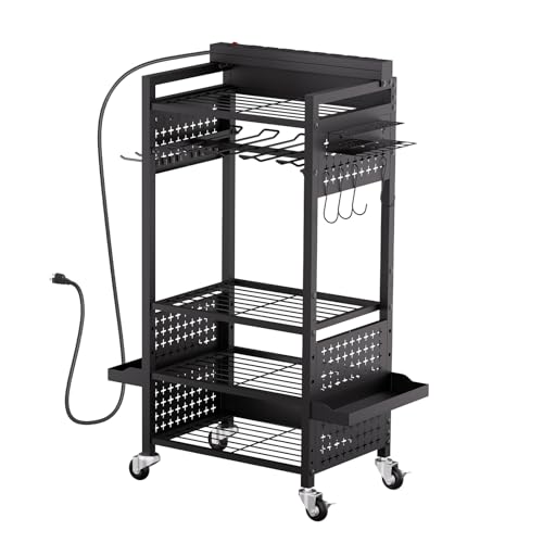 Happybuy 5-Tier Tool Organizer Cart: The Ultimate Storage and Charging Solution! Equipped with 8 AC Outlets, It’s a Rolling Haven for Tools in Your Garage or Workshop