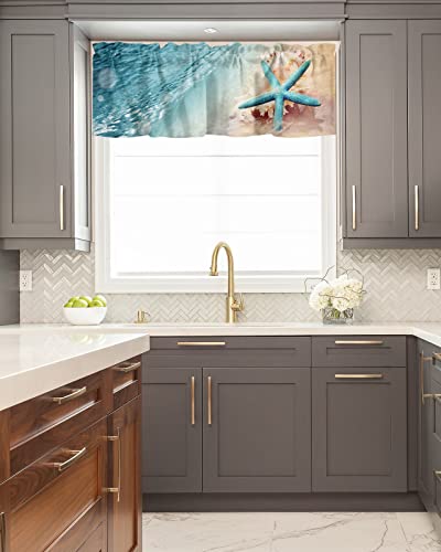 Coastal Ocean Valance Curtain For Window, Summer Starfish Sea Shells On Beach Rod Pocket Kitchen Valances Short Curtain Panel Windows Treatment Drapes For Bathroom/Bedroom/Cafe Seaside Landscape #TOP4