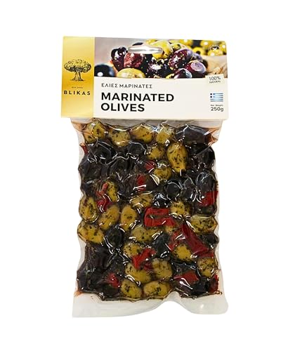 Blikas | Grüne & Kalamata Oliven mit Oregano & roter Paprika eingelegt 2 x 250g (500g) | Griechische Olivenmischung