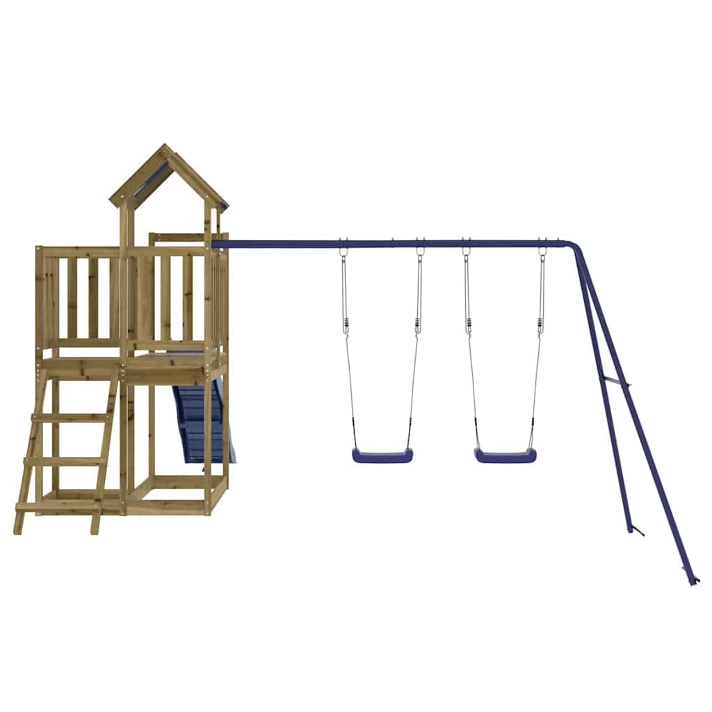 Torre da gioco in legno di pino impregnato con scivolo ondulato e doppia altalena per giardino, casetta giochi per esterni con sabbiera, struttura da arrampicata, scala, altalena