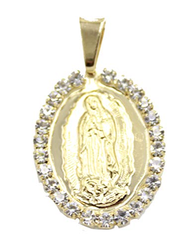 Diamantados de Florida Virgen de Guadalupe Medalla con circonita cúbica bisel 18k chapado en oro Medalla con cadena de 50,8 cm