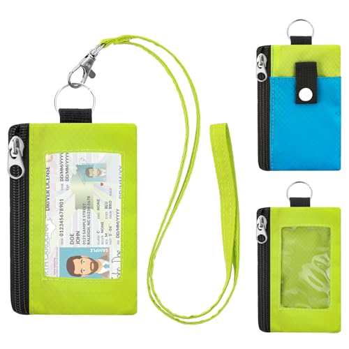 Image of Minimalist RFID Wallet with Lanyard, Multi-Functional ID Case with 2 Zipper Pockets and Key Chain for Men and Women, Tactical Badge Pouch Cards Holder, Coin Purse for Travel Sports-BU+GN