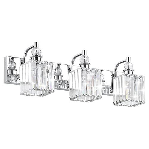 Ralbay Modern Crystal Vanity Light 3 Light 24''Bathroom Lights Fixtures Over Mirror Chrome Vanity Light for Bathroom Wall Lighting