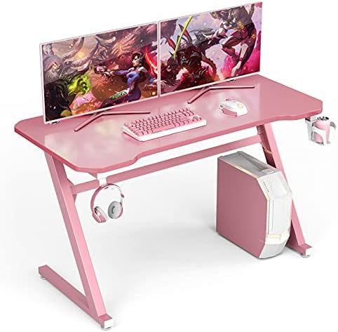 CASART Z-Shaped Computer Table, Ergonomic Gaming Desk with Headphone Hook & Cup Holder, 120cm Racing Table Desk for Home Office (Pink)