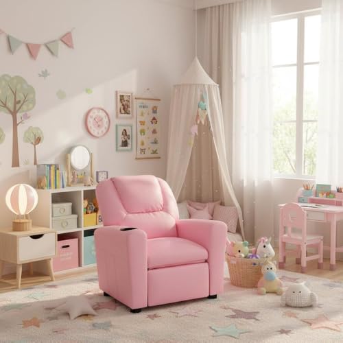 Image of Furnifact Marisa Pink PU Leather Youth Recliner with Cupholder for Kids 142 inch Seat Height 14 inch Width 106 inch Depth Bright and Fun for a Warm Lifestyle