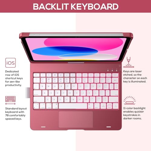 Image of typecase Touch iPad 11th 10th Generation Case with Keyboard (11 inch 2025, A16 & 10.9 inch 2022) - 360 Rotatable, 11-Color Backlit, Multi-Touch Trackpad, Pencil Holder, Thin & Light - Pink