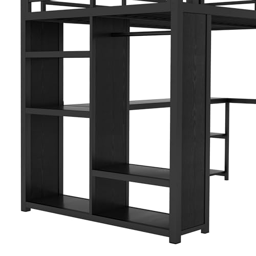 Image of Bellemave Metal Full Size Loft Bed with Desk and Wardrobe,Heavy Duty Loft Bed Frame with Storage Shelves for Kids,Teens,Adults, Space Saving,Black