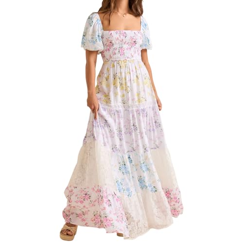 Women Patchwork Dress Y2k Floral Puff Short Sleeve Maxi Dress Summer Boho Smocked Tiered Ruffle Beach Sundress