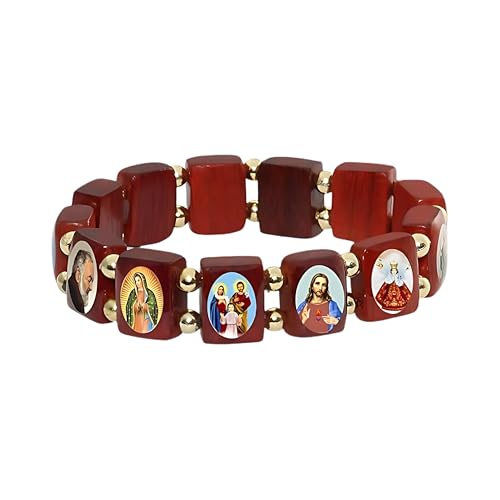 Catholica Shop Devotional Catholic Religious Wood Stretch Bracelets. Small and Large Panels with Assorted Images of Saints, Jesus and Mary. Unisex. Handcrafted in Brazil