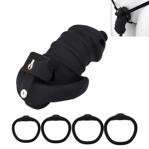 Cage à pénis en silicone Kit avec ceinture réglable anti-chute, Chastity Cage hommes respirante avec 4 anneaux d'activité de tailles différentes sextoy inversé (Black,L)