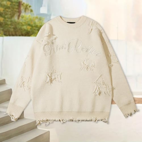 Mens Crew Neck Sweaters Star Graphic Letter Print Sweater Loose Fit Long Sleeve Knit Pullover Sweater2
