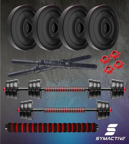 Image of Amazon Brand - Symactive PVC 20 Kg 3-in-1 Convertible Dumbbells Set | for Fitness & Workout | 5 Kg x 4 PVC Weight, 14'' Dumbbell Rods Pair & Nuts, 1 Cushioned Connector Rod | Multicolor